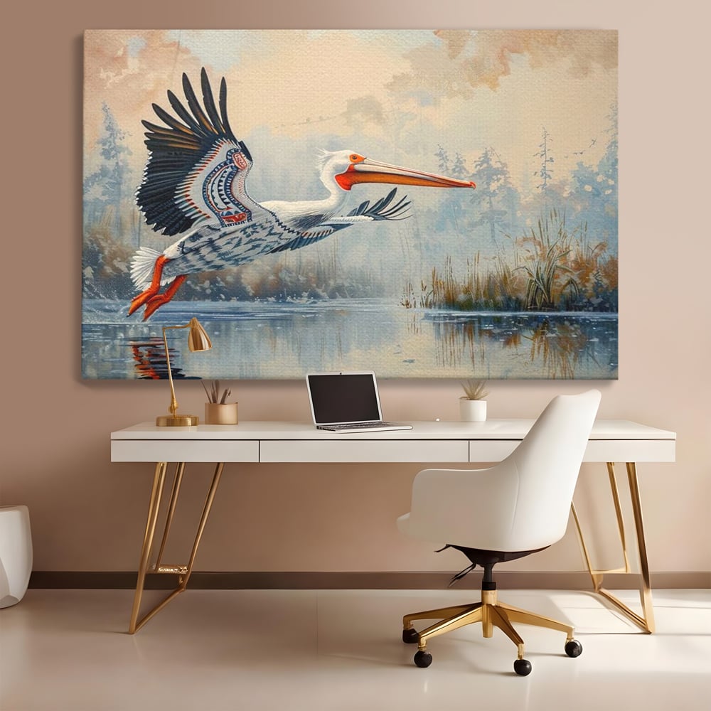 Tablou canvas cu tablou canvas cu pelican in zbor, fara rama, pe sasiu de lemn, pe perete intr-un birou